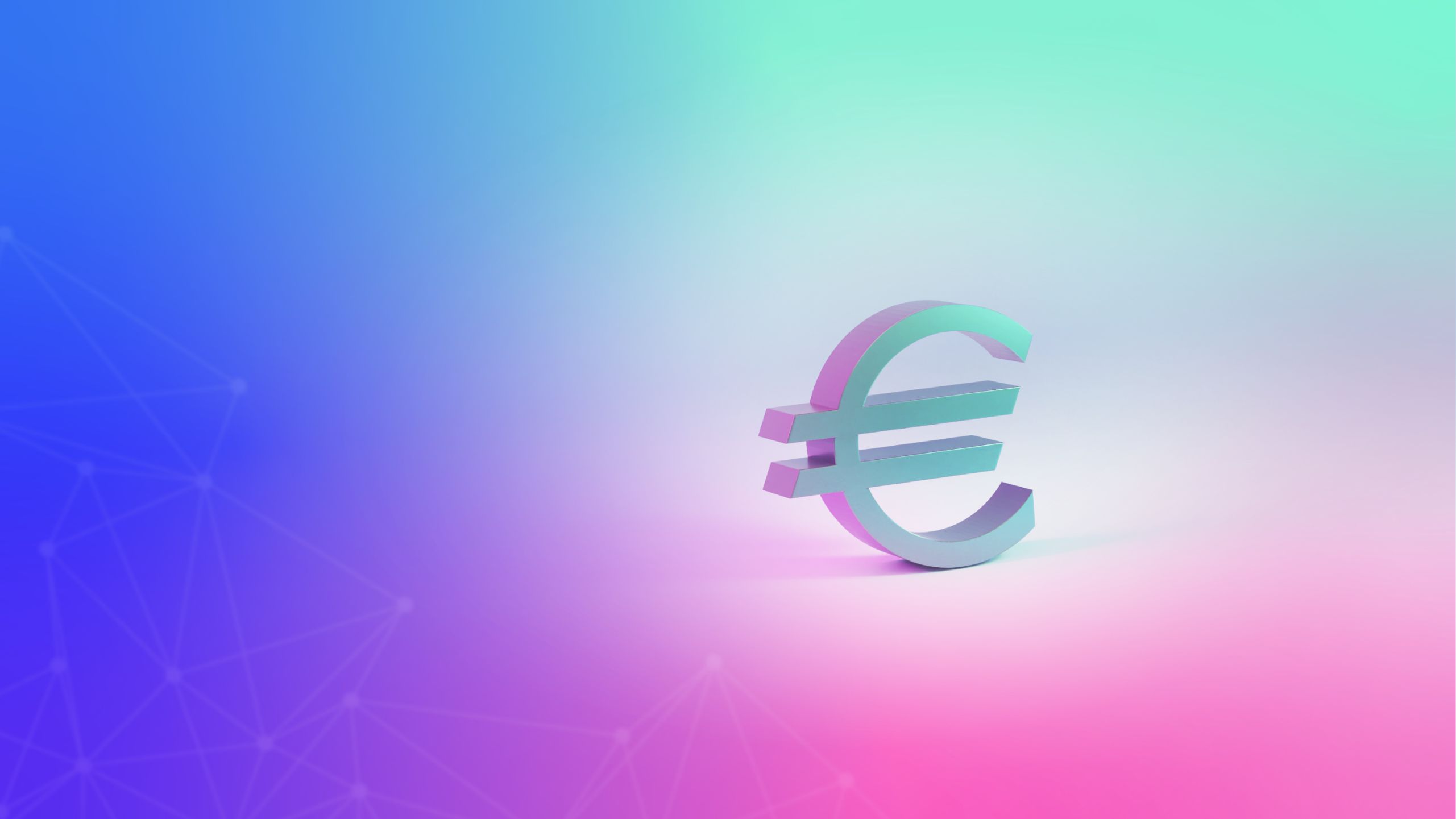 Znak evro na modro, zelenem in roza ozadju.