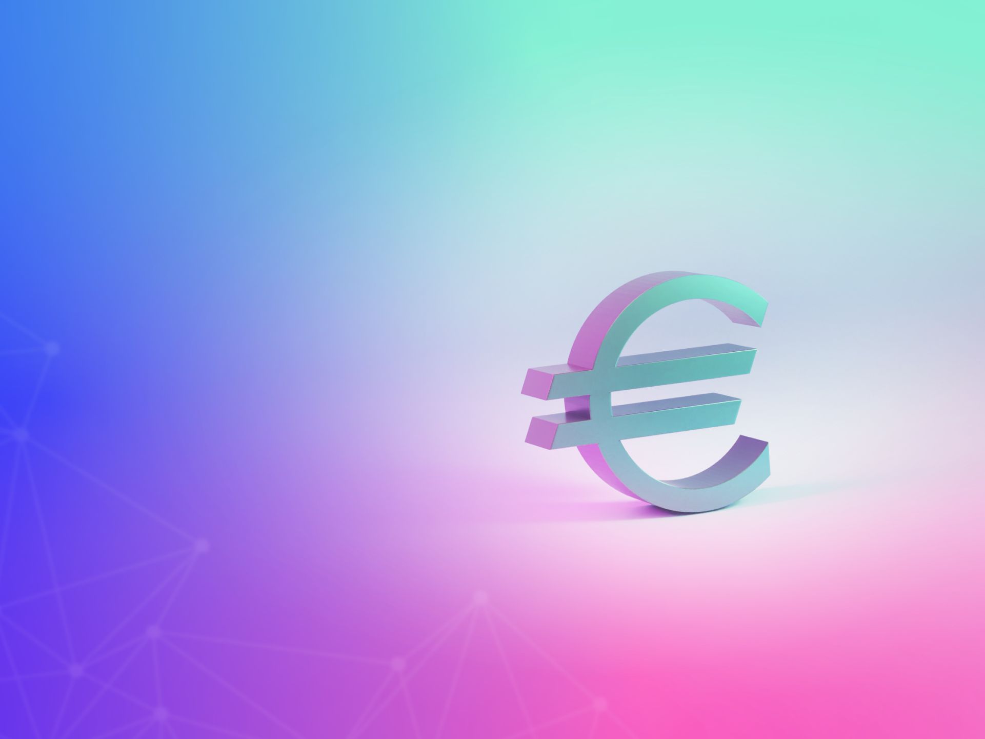 Znak evro na modro, zelenem in roza ozadju.