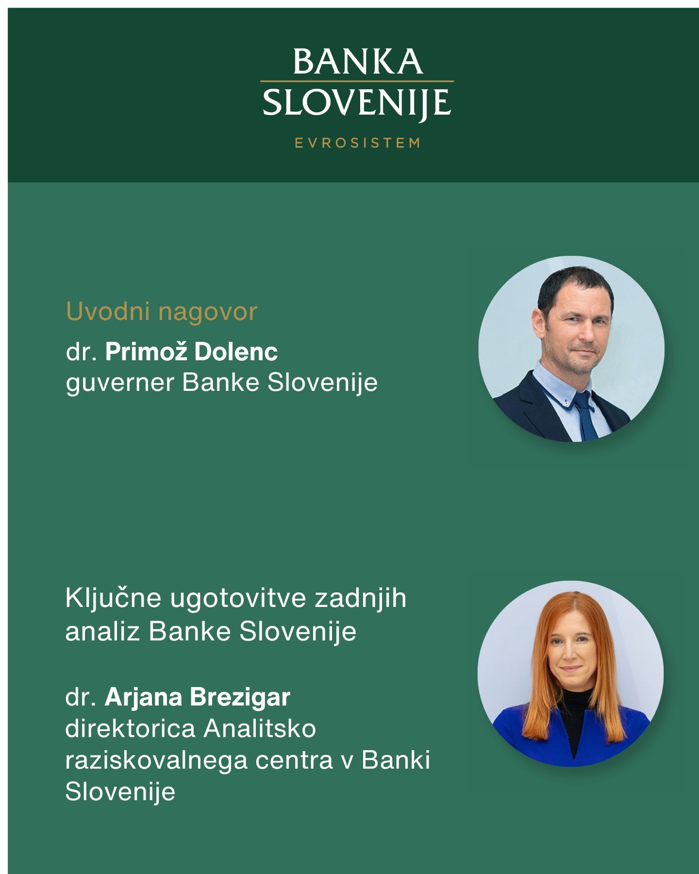 Vabilo na okroglo mizo z naslovom Izzivi investiranja podjetij v Sloveniji – omejitve, priložnosti in vloga finančnega sistema, ki bo 14. aprila 2026 v Banki Slovenije; govorca dr. Primož Dolenc in Arjana Brezigar