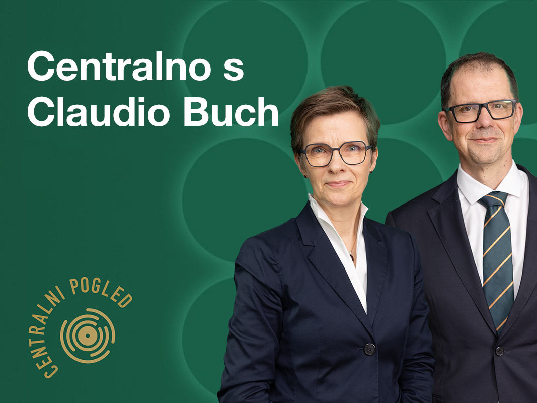 Naslovnica podkasta Centralni pogled z napisom Centralno s Claudio Buch in v ospredju dva portreta - Claudia Buch in Marko Pahor.