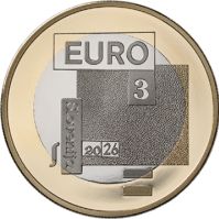 Spominski evrski kovanec z abstraktnim geometrijskim motivom. V središču so prekrivajoče se pravokotne oblike v različnih sivih odtenkih, z vidnimi napisi »EURO«, številko »3«, letnico »2026« in besedo »Slovenija«. Oblika vključuje tudi stilizirane črte in elemente, ki ustvarjajo sodoben, grafičen videz. Zunanji rob kovanca je v zlatem kovinskem odtenku.