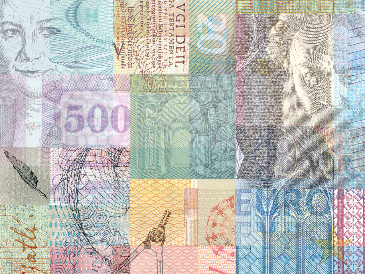 Kolaž zaščitnih elementov in detajlov slovenskih tolarskih bankovcev ter evrskih bankovcev v različnih barvah in vzorcih.