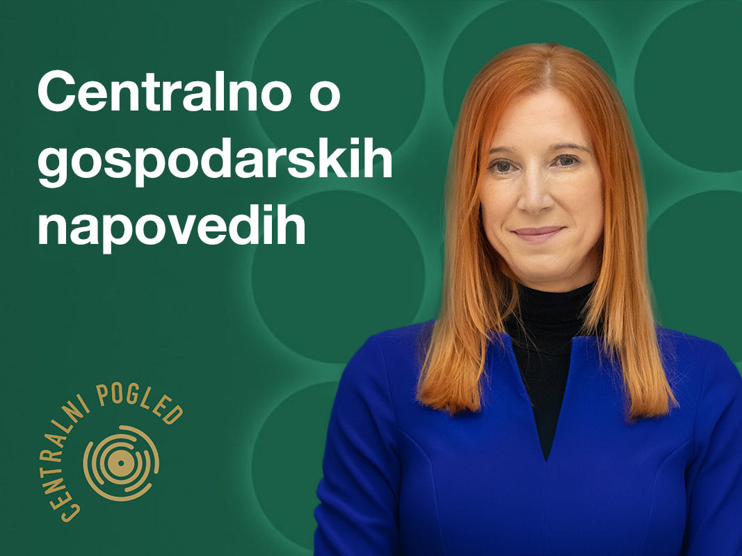 Zelena naslovnica z napisom »Centralno o gospodarskih napovedih« in portretnim posnetkom osebe v modrem suknjiču.