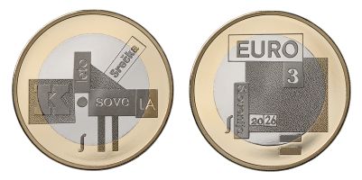 evrski kovanec za tri evre izdan ob letu pesnika Srečka Kosovela (2026) iz obeh strani
