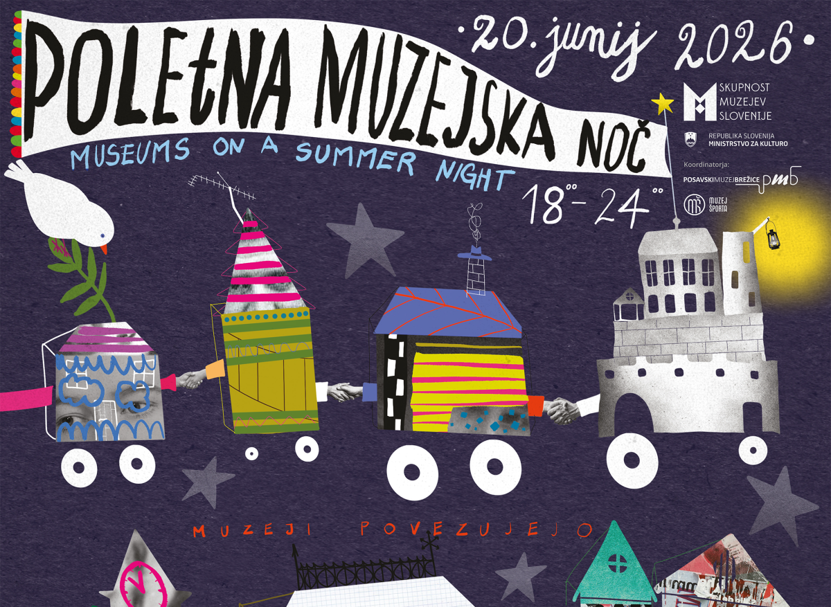 letak za dogodek - Kompozicija, podobna vlaku, sestavljena iz različnih stiliziranih stavb (vsaka spominja na muzej ali kulturno ustanovo)