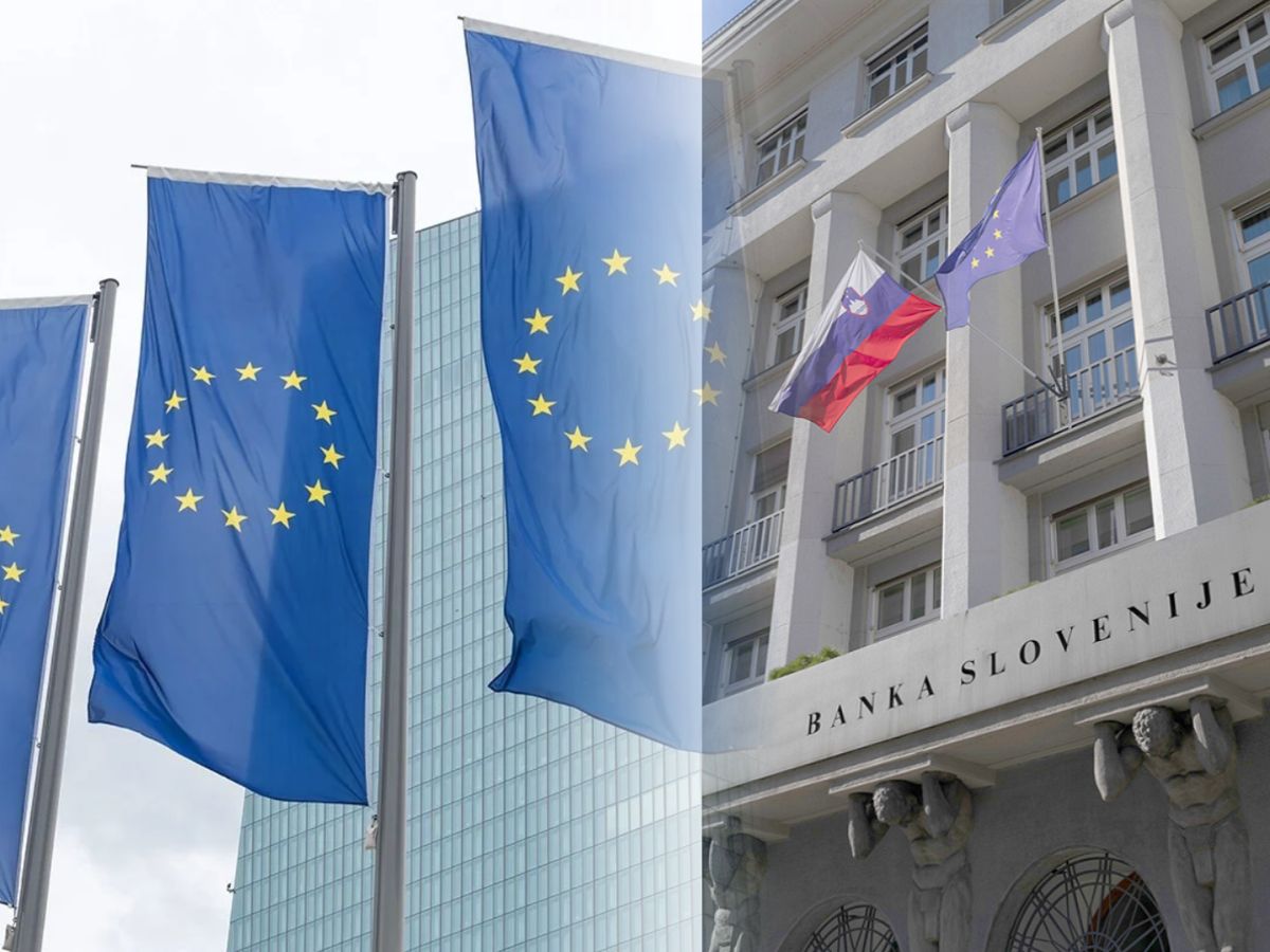 Zastave Evropske unije pred sedežem Evropske centralne banke (ECB) in zastavi Slovenije ter Evropske unije na stavbi Banke Slovenije.